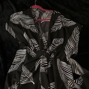 Elegant Black and White Leaf Print Wrap Dress